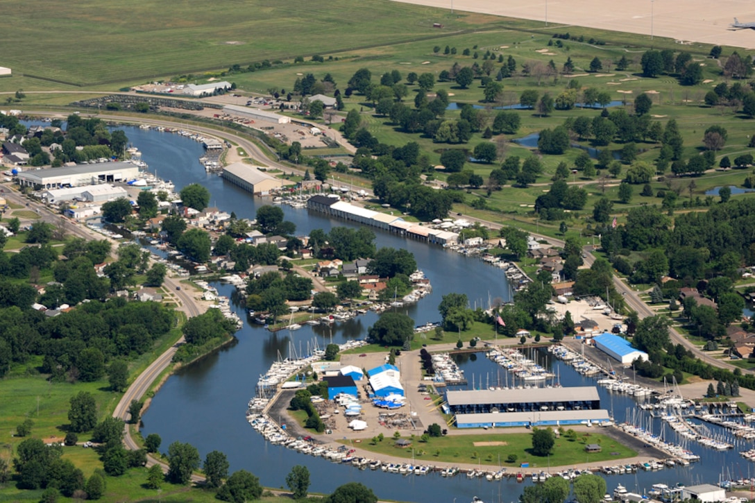 An aerial view of the Clinton River in Mount Clemens, Mich.