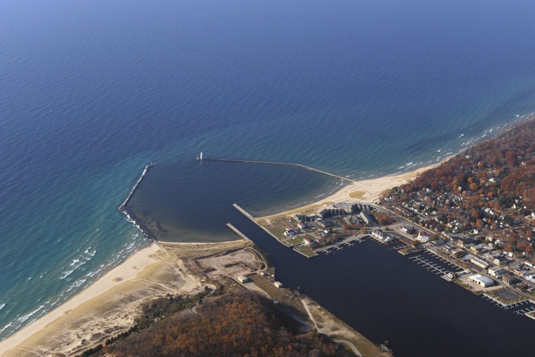 An aerial view of Frankfort Harbor