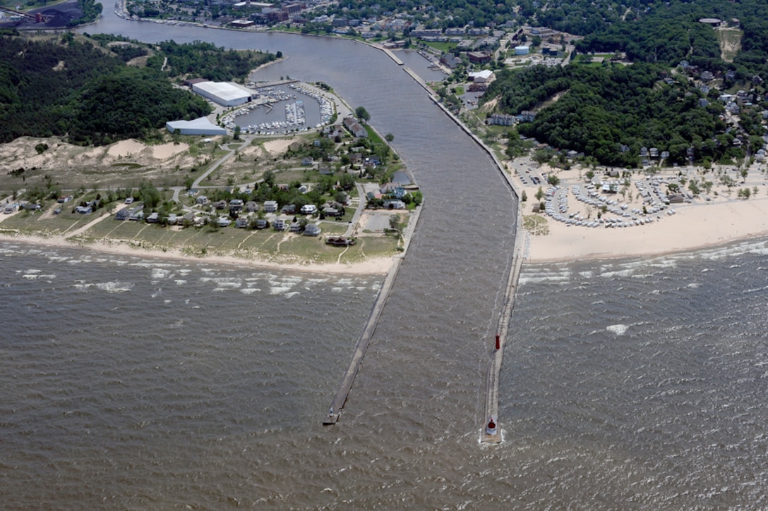 An aerial view of Grand Haven Harbor.