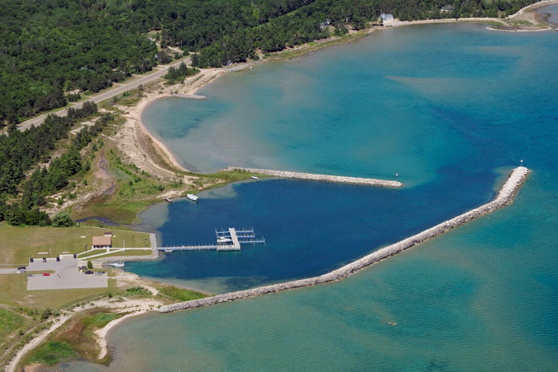 An aerial view of Hammond Bay Harbor.