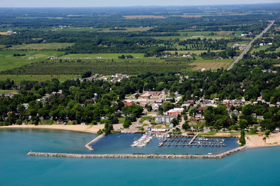 An aerial view of Lexington Harbor, Mich.