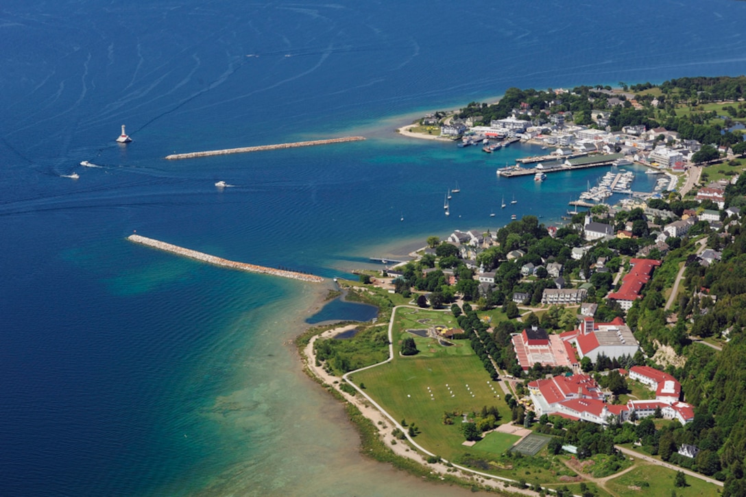 An aerial view of Mackinac Island Harbor, Mich.