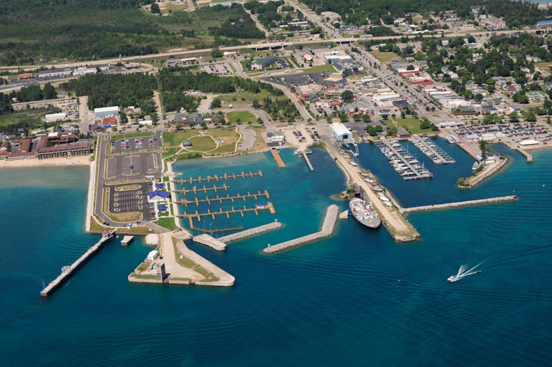 An aerial view of Mackinaw City Harbor, Mich.