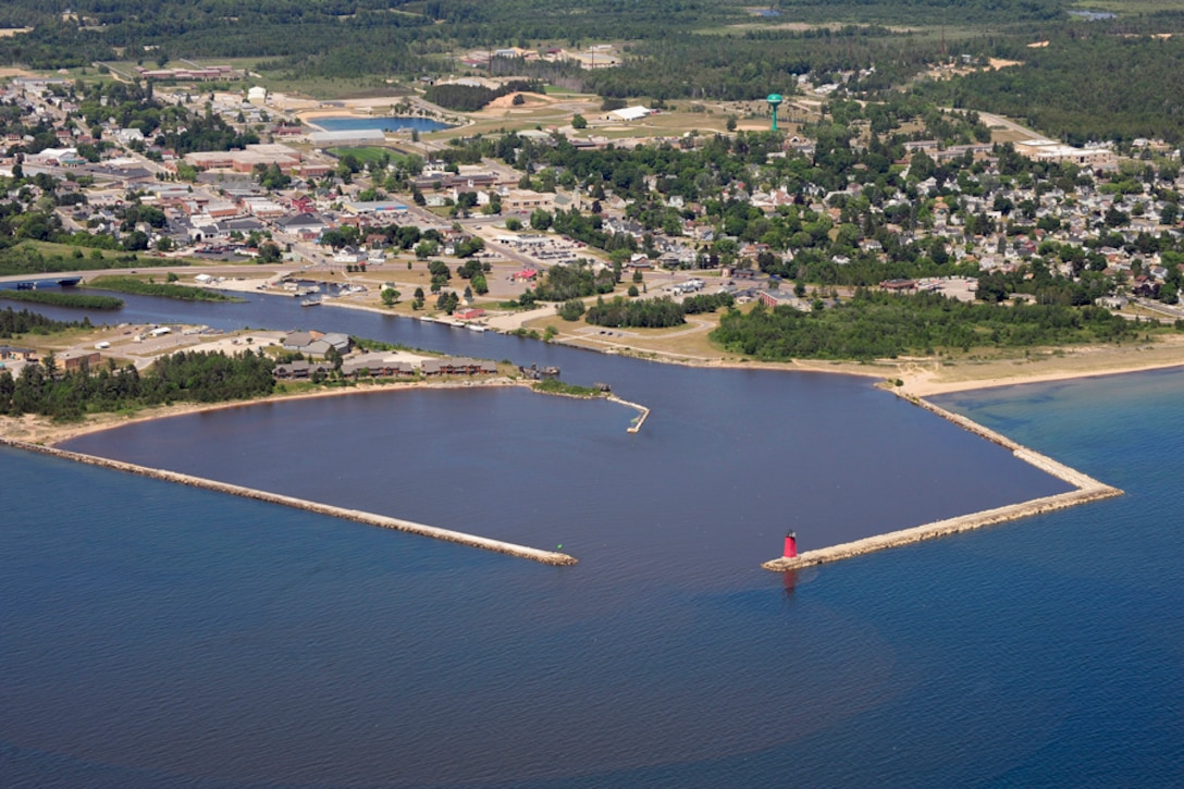 An aerial view of Manistique Harbor, Mich.