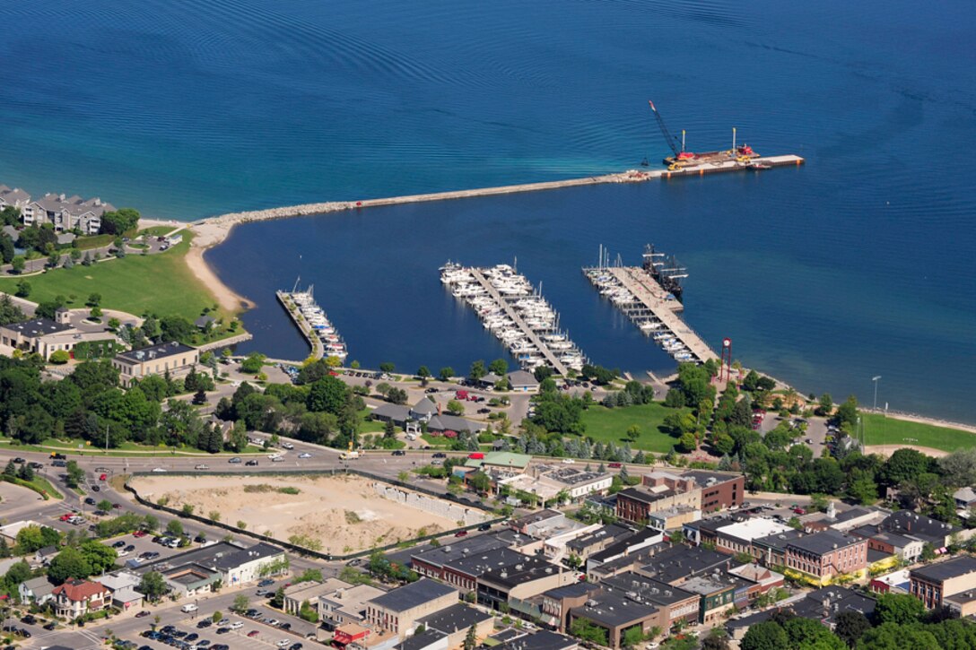An aerial view of Petoskey Harbor, Mich.