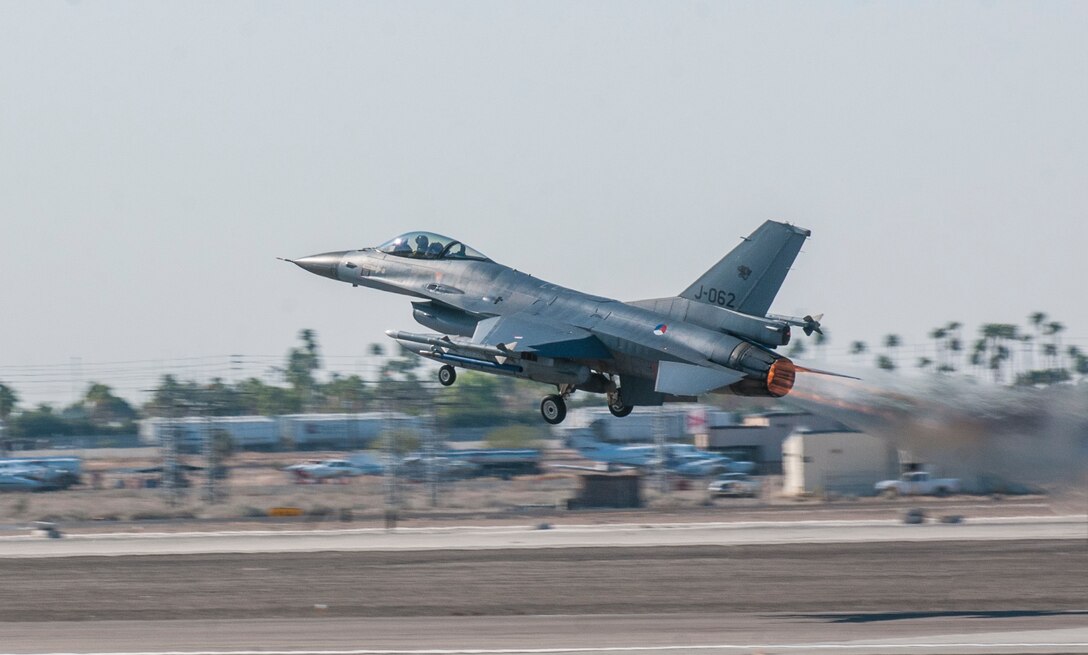 An F-16 from the Royal Netherlands Air Force takes off at Marine Corps Air Station Yuma, Ariz. Feb. 7, 2013. The RNLAF detachment is conducting aviation training in Yuma as part of a three week sojourn to the United States.