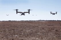 Marines with Marine Medium Tiltrotor Squadron 365 fly MV-22B Ospreys while conducting the squadron's largest flight ever, Feb. 20. The flight consisted of 10 aircraft taking off, maneuvering and landing together, as well as six of the aircraft conducting air-to-air refueling. Almost all of the Marines in VMM-365 participated in the flight in some way.