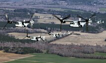 Marines with Marine Medium Tiltrotor Squadron 365 fly MV-22B Ospreys while conducting the squadron's largest flight ever, Feb. 20. The flight consisted of 10 aircraft taking off, maneuvering and landing together, as well as six of the aircraft conducting air-to-air refueling. Almost all of the Marines in VMM-365 participated in the flight in some way.