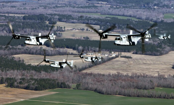 Marines with Marine Medium Tiltrotor Squadron 365 fly MV-22B Ospreys while conducting the squadron's largest flight ever, Feb. 20. The flight consisted of 10 aircraft taking off, maneuvering and landing together, as well as six of the aircraft conducting air-to-air refueling. Almost all of the Marines in VMM-365 participated in the flight in some way.