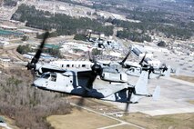Marines with Marine Medium Tiltrotor Squadron 365 fly MV-22B Ospreys while conducting the squadron's largest flight ever, Feb. 20. The flight consisted of 10 aircraft taking off, maneuvering and landing together, as well as six of the aircraft conducting air-to-air refueling. Almost all of the Marines in VMM-365 participated in the flight in some way.