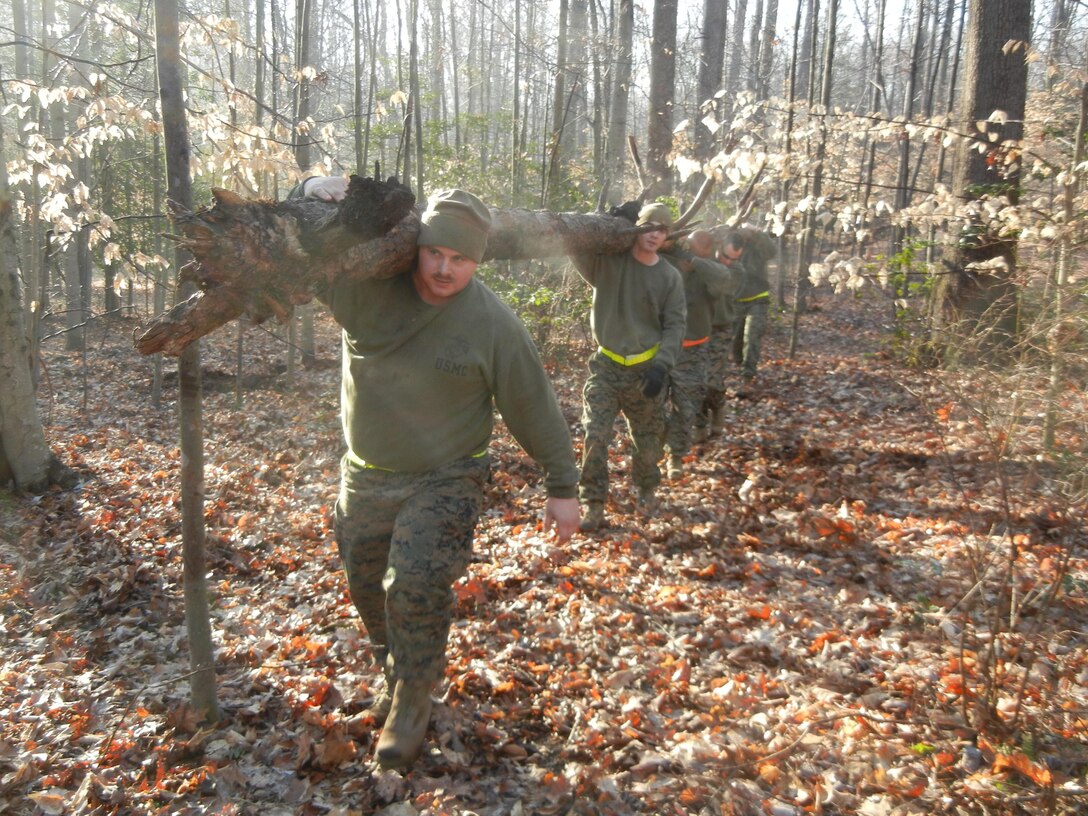 Lance Cpl. Michael Butler, Cpl. Jacob Kalina and three other Marines from The Basic School’s Instructor Battalion haul a dead tree out of the woods near Camp Barrett Pond on the morning of Feb. 14, as they help prepare the site for a recreation area to be dedicated to the Corps’ first black Marines. 