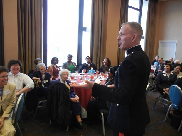 Keynote speaker Maj. Gen. Mark Brilakis, assistant deputy commandant for programs at Headquarters Marine Corps and soon-to-be commanding officer of Marine Corps Recruiting Command at Quantico, addresses the crowd at the celebration of the anniversary of women in the Marine Corps on Feb. 16. The annual event is co-hosted by the Crossroads and Washington, D.C., chapters of the Women Marines Association. 