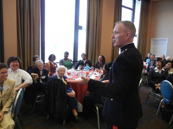 Keynote speaker Maj. Gen. Mark Brilakis, assistant deputy commandant for programs at Headquarters Marine Corps and soon-to-be commanding officer of Marine Corps Recruiting Command at Quantico, addresses the crowd at the celebration of the anniversary of women in the Marine Corps on Feb. 16. The annual event is co-hosted by the Crossroads and Washington, D.C., chapters of the Women Marines Association. 