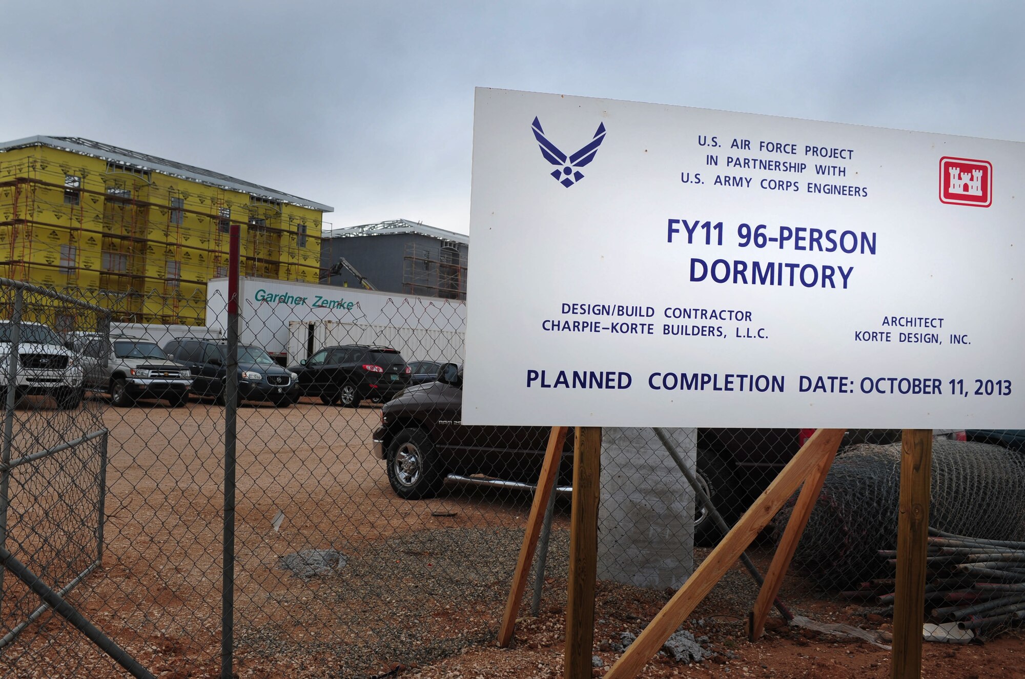 One of the new dorms currently under construction sits on its lot at Cannon Air Force Base, N.M., Feb. 20, 2013. The 96-person dorms have been under construction since August of 2012 and one is expected to be completed later this year. (U.S. Air Force photo/Airman 1st Class Ericka Engblom)