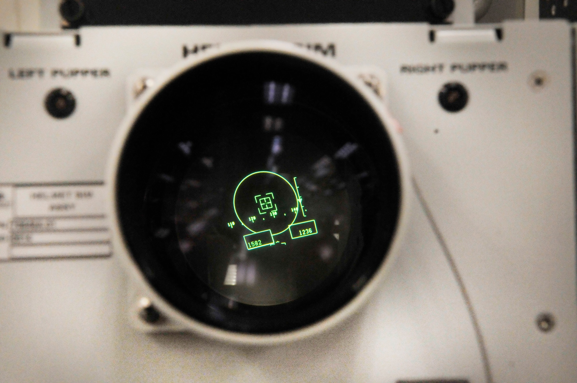 A Helmet simulator on a testing machine shows what a pilot would see with the Joint Helmet Mounted Cueing System. (U. S. Air Force photo/Sue Sapp)