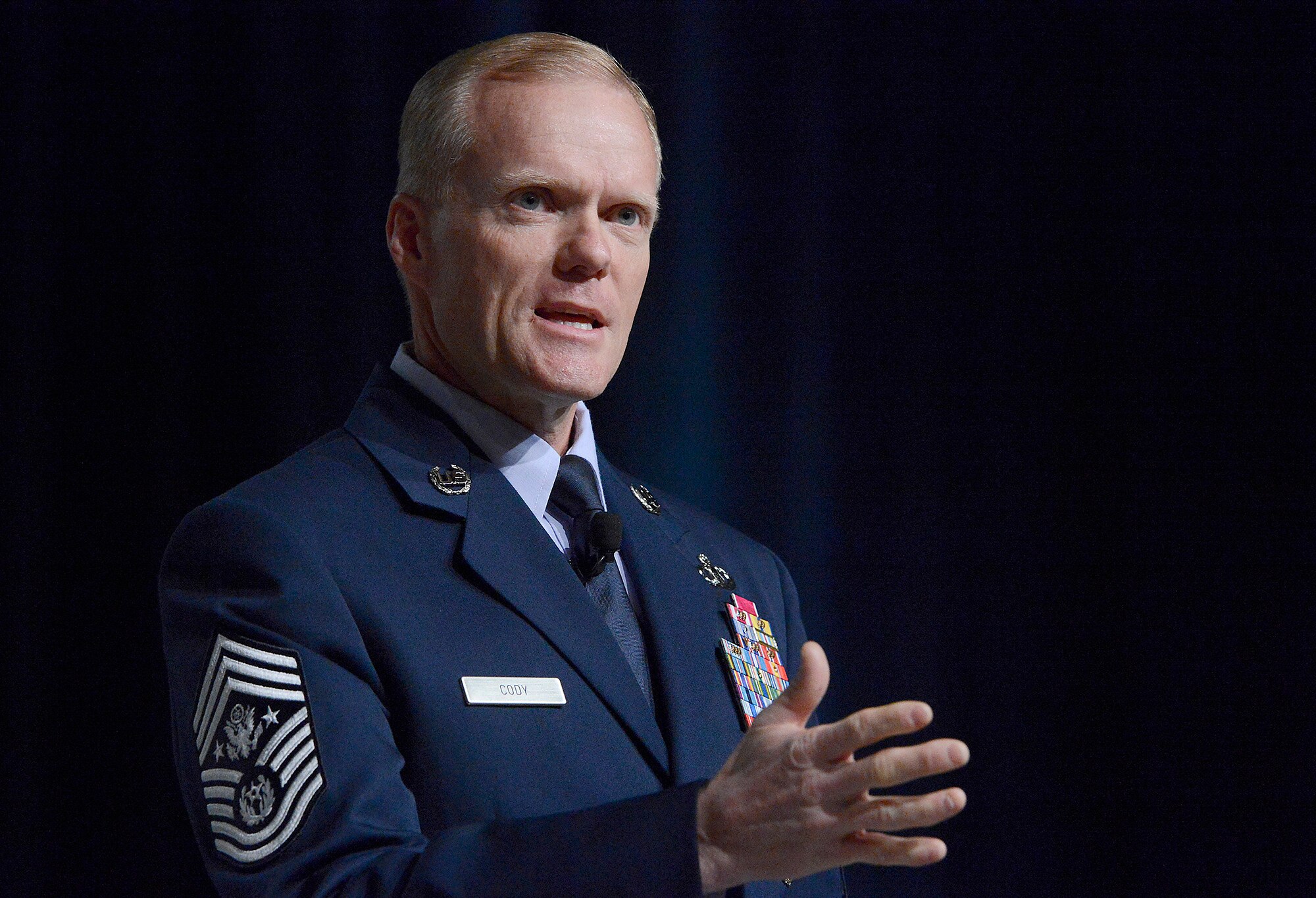 Chief Master Sgt. of the Air Force James Cody delivers his Enlisted Perspective at Air Force Association's Air Warfare Symposium & Technology Exposition in Orlando, Fla., Feb. 21, 2013.  Cody's presentation highlighted the toll military service takes on families and the importance of creating a healthy work-life balance.  (U.S. Air Force photo/Scott M. Ash)