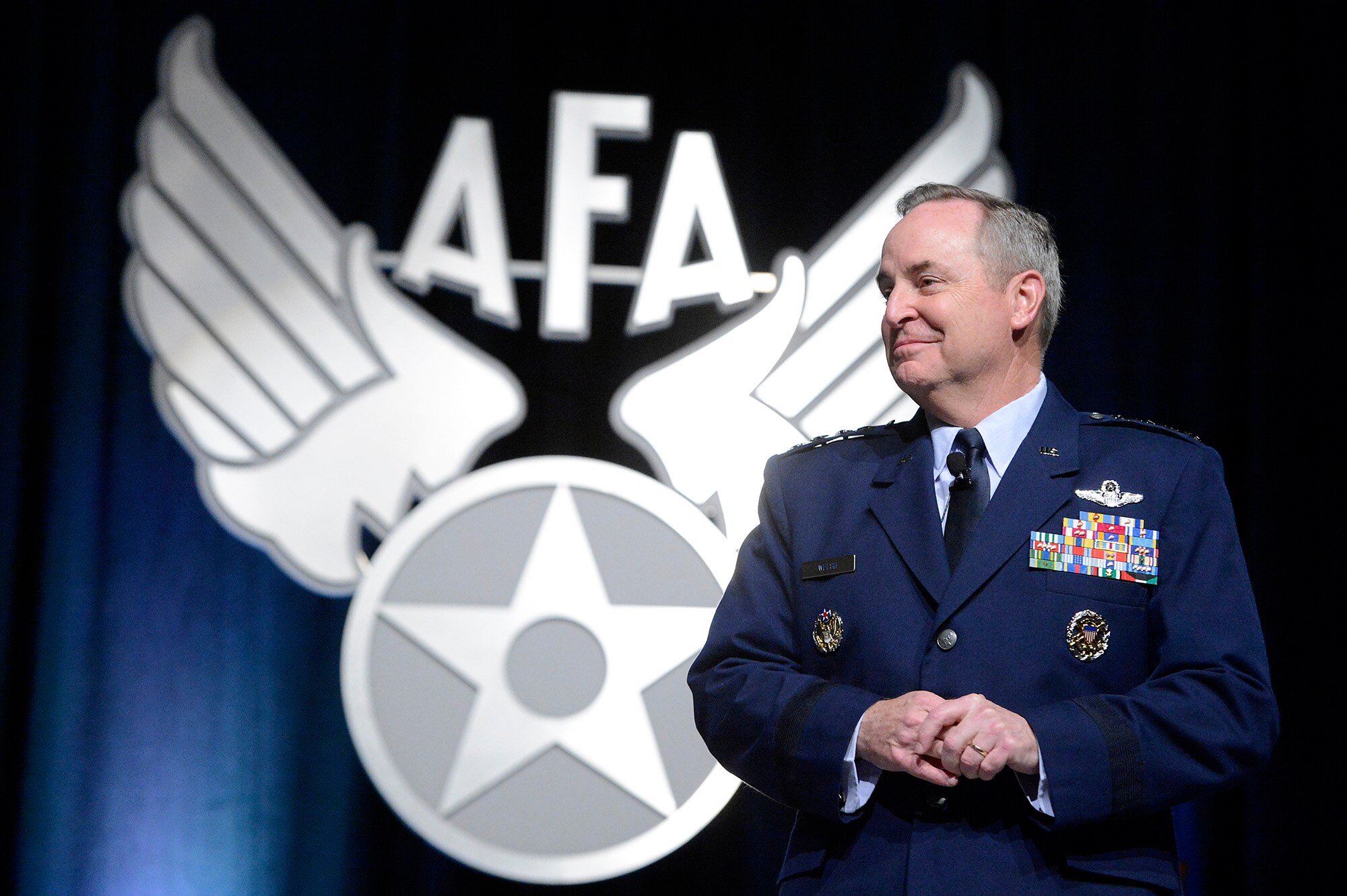 Air Force Chief of Staff Gen. Mark A. Welsh III and Chief Master Sgt. of the Air Force James A. Cody deliver their keynote speeches as the opening of Air Force Association's Aerospace and Technology Exposition in Orlando, Fla., Feb. 21, 2013.  Welsh's "State of the Air Force" discussion highlighted Airmen and the impact the possible sequestration may have on them.  Cody talked about (U.S. Air Force photo/Scott M. Ash)
