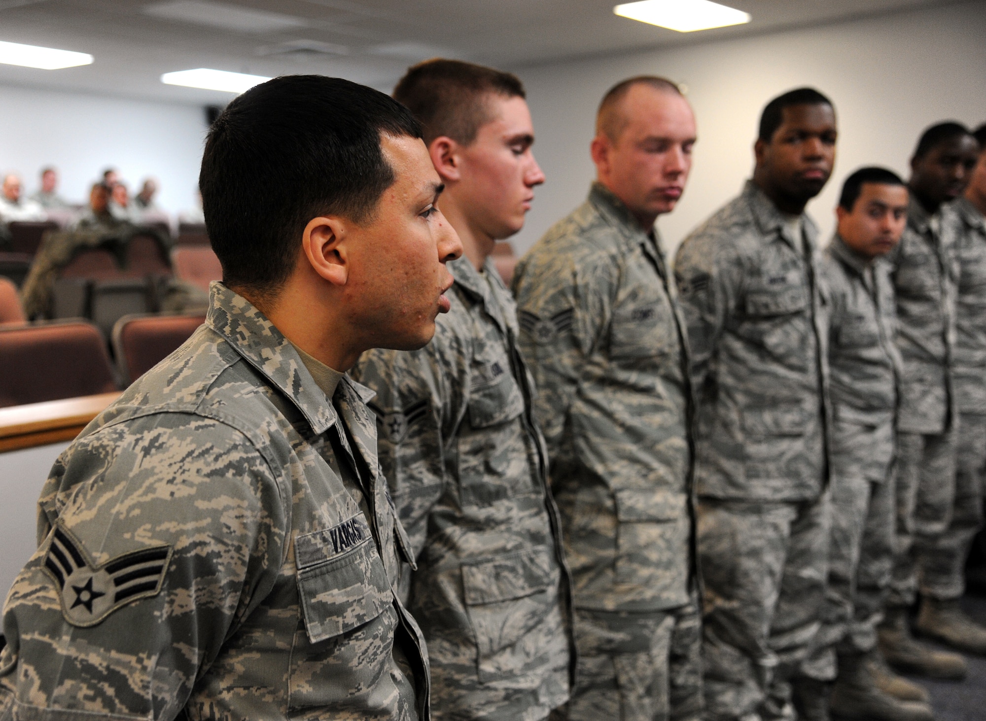 Master Sgt. Dale Campbell II, 341st Security Forces Support Squadron flight chief, discusses the dynamics of effective followership and leadership during the “Continue to Rise: Arise as a Leader” Airman development seminar Feb. 12 in the conference room in Bldg. 3080. The half-day seminar, geared towards young Airmen, focused on leader development. (U.S. Air Force photo/Staff Sgt. R.J. Biermann)