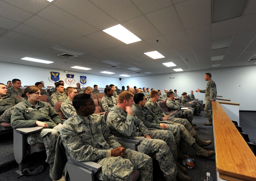 Master Sgt. Dale Campbell II, 341st Security Forces Support Squadron flight chief, discusses the dynamics of effective followership and leadership during the “Continue to Rise: Arise as a Leader” Airman development seminar Feb. 12 in the conference room in Bldg. 3080. The half-day seminar, geared towards young Airmen, focused on leader development. (U.S. Air Force photo/Staff Sgt. R.J. Biermann) 

