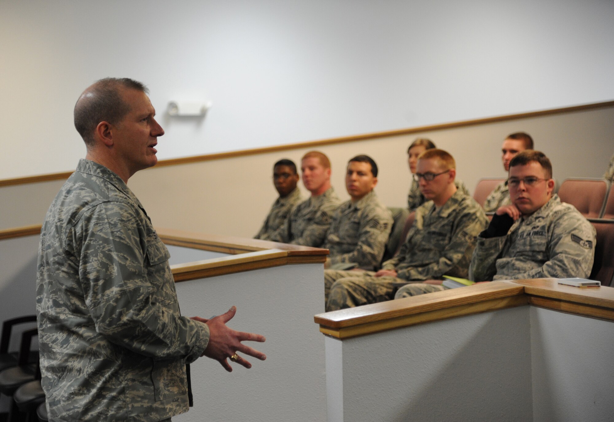 Col. Robert Stanley, 341st Missile Wing commander, discusses leadership during the "Continue to Rise: Arise as a Leader" Airman development seminar Feb. 12 in the conference room in Bldg. 3080. Stanley was one of several Airmen to speak during the half-day seminar. (U.S. Air Force photo/Staff Sgt. R.J. Biermann) 