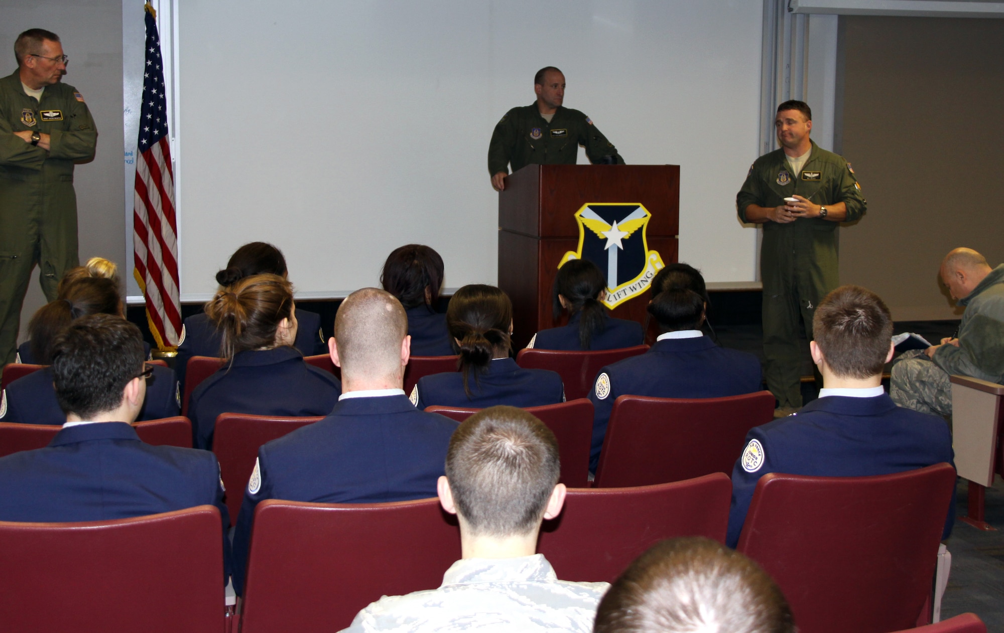 Aircrew members from the 911th Airlift Wing, Chief Master Sgt. Archie J. Branton III, Tech. Sgt. Richard Newhouse, and Maj. Steven “Bo” Bear provide a C-130 pre-flight safety briefing to more than 50 Air Force Junior ROTC cadets from West Mifflin High School. The West Mifflin High School cadets received the orientation flight, Feb. 20, 2013 as part of a local training mission.  Several cadets also took part in a job shadowing opportunity with members of the 911th Security Forces Squadron, 911th Maintenance Squadron and 911th Aeromedical Staging Squadron. (U.S. Air Force photo by Master Sgt. Mark A. Winklosky/Released)