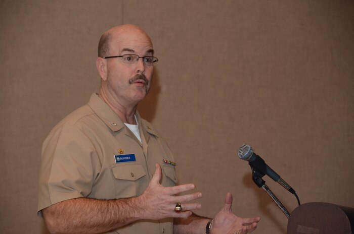 Navy Chaplain (Capt.) Kyle Fauntleroy, Naval Chaplaincy School and Center commanding officer speaks at the 60th Annual National Prayer Breakfast, Feb. 20, 2013, at the Redbank Club, at Joint Base Charleston - Weapons Station, S.C. The National Prayer Breakfast, started in 1953 by President Dwight Eisenhower, continues to offer modern day leaders and civilians the opportunity to join in fellowship and prayer. (U.S. Navy photo / Petty Officer 1st Class Chad Hallford)