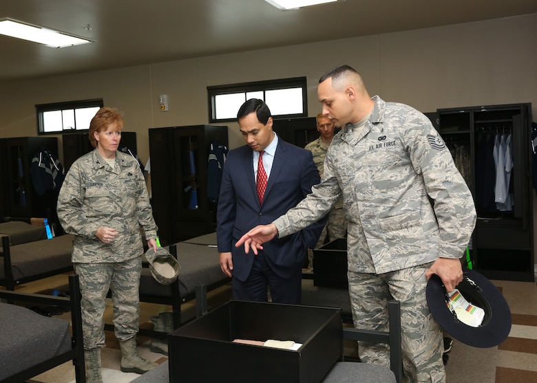 Congressman Joaquin Castro was shown the types of attention to detail expected of the trainees, including hospital corners on beds, evenly spaced hangars and perfectly rolled socks. Also highlighted were the new Airman Training Complex improved HVAC, latrine facilities and touchless canteen filling stations; all designed to reduce trainee illness and the spread of communicable diseases. (U.S. Air Force Photo/Robbin Cresswell)