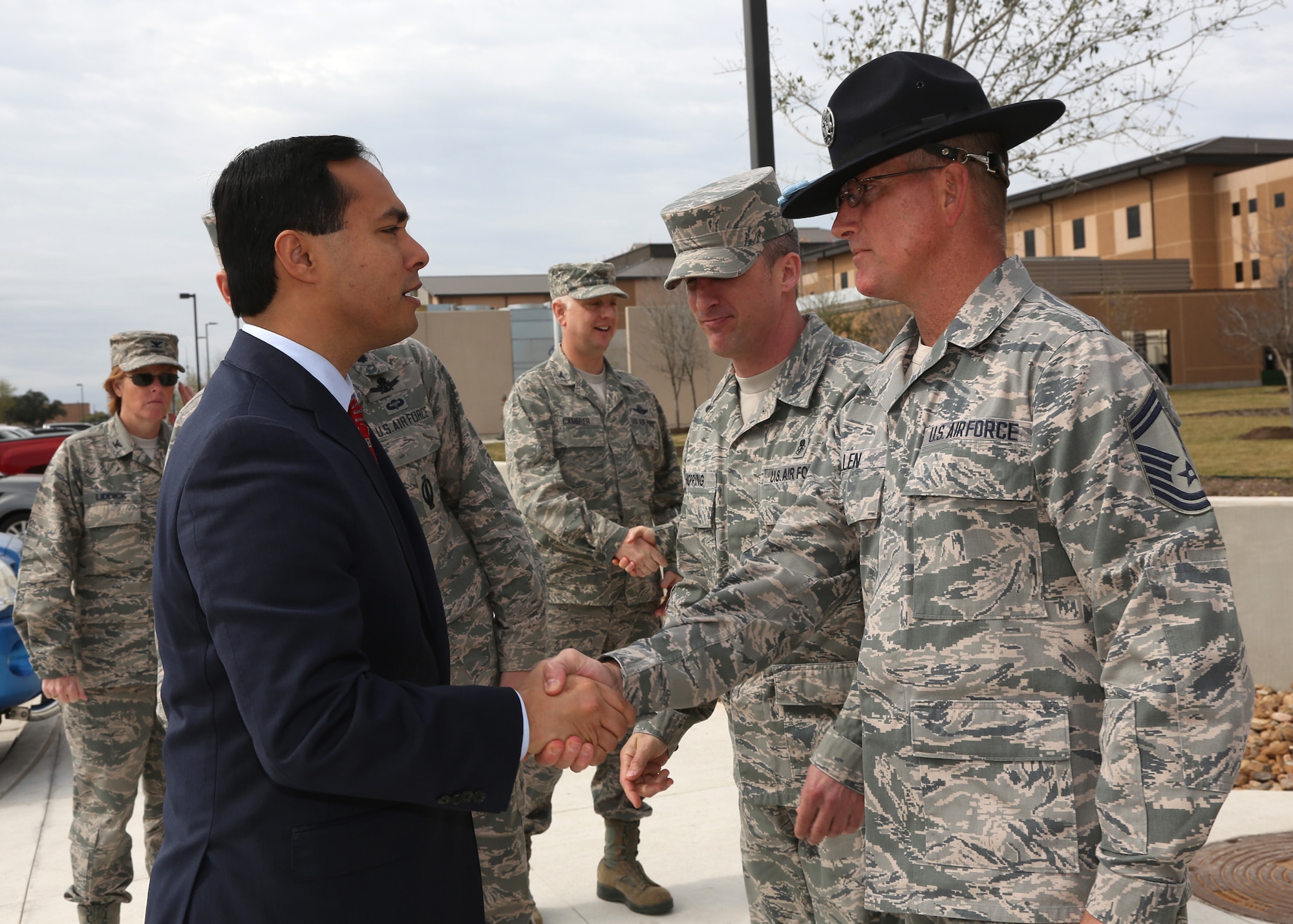 During his first visit to Air Force Basic Military Training, Congressman Castro, accompanied by members of his staff and Col. Mark Camerer, commander of the 37th Training Wing, was met by the commander of the 737th Training Group, Col. Deborah Liddick, and the commander of the 323rd Training Squadron, Lt. Col. Jeffrey Greenwood. 
