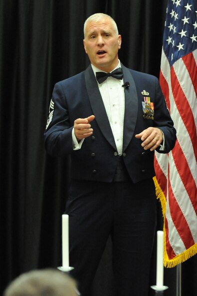 Chief Master Sgt. Michael Bellerose, Air Force Reserve Command’s first sergeant functional manager, spoke to those assembled at the ceremony. He congratulated the chiefs on their accomplishment and thanked families for their support. (U.S. Air Force photo/Alex Lloyd)