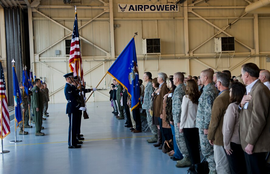 Moody Honor Guard members present the colors during an honorary change-of-command ceremony at Moody Air Force Base, Ga., Feb. 15, 2013. The honorary commander program gives the community an inside look at Moody Airmen and the jobs they perform on a daily basis. (U.S. Air Force photo by Senior Airman Douglas Ellis/Released)
