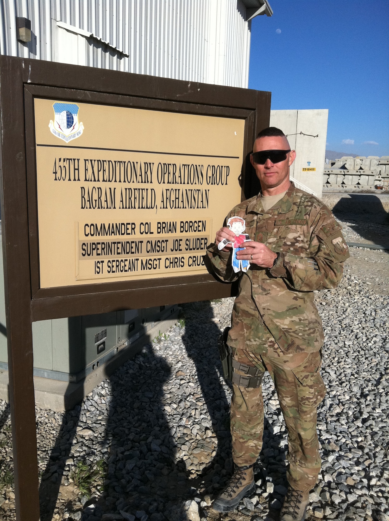 During his deployment in support of Operation Enduring Freedom in Afghanistan, Chief Master Sergeant Joseph Sluder was accompanied by “Flat Stanley,” a gift from his son. The chief said it was given to him as a reminder his son was there with him constantly. Eventually, the character returned to the United States for a local school presentation about his overseas adventures. (Courtesy photo)