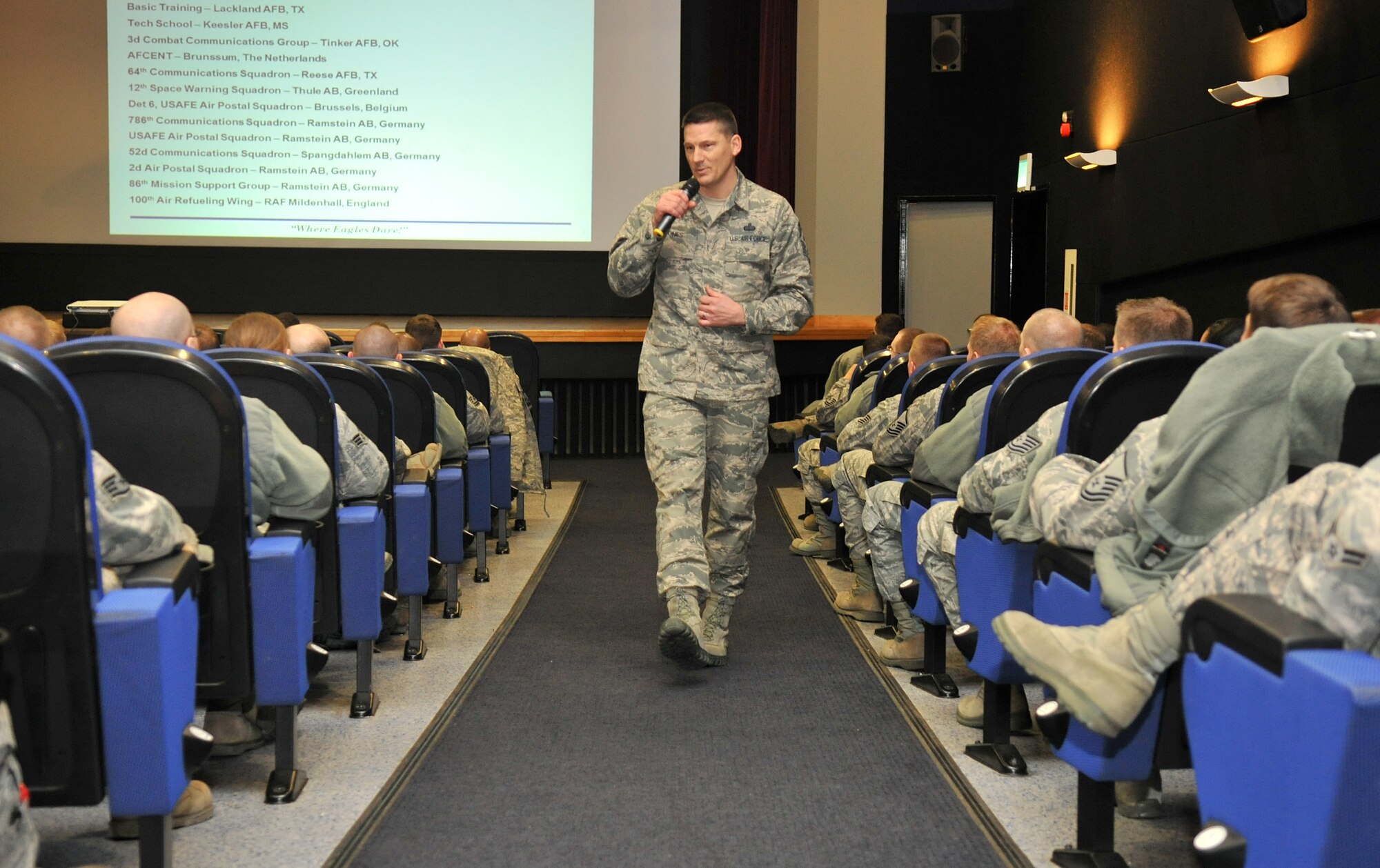 Chief Master Sgt. Tracy Jones, 100th Air Refueling Wing command chief, speaks to enlisted Airmen during an all-call Feb. 21, 2013, at RAF Mildenhall, England. Jones, a native of Phillips, Texas, used the all-call as an opportunity to introduce himself and speak about his expectations and goals for the base’s enlisted force. (U.S. Air Force photo by Senior Airman Jerilyn Quintanilla/Released)