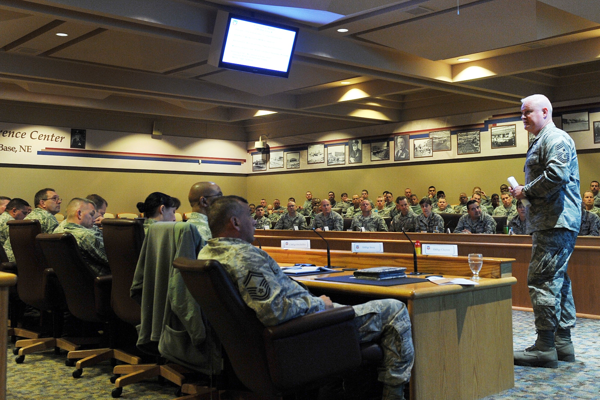 U.S. Air Force Chief Master Sgt. William Thomaston, Jr., 55th Wing command chief, addresses the crowd during the Air Force Combat Command Chief’s Orientation held at the Dougherty conference center on Offutt Air Force Base, Neb., Jan. 29. Thomaston is the principal enlisted advisor to the 55th Wing commander and is responsible for assessing factors influencing the mission readiness, utilization, morale and quality of life of more than 5,100 enlisted Airmen. (U.S. Air Force photo by Charles Haymond/Released)