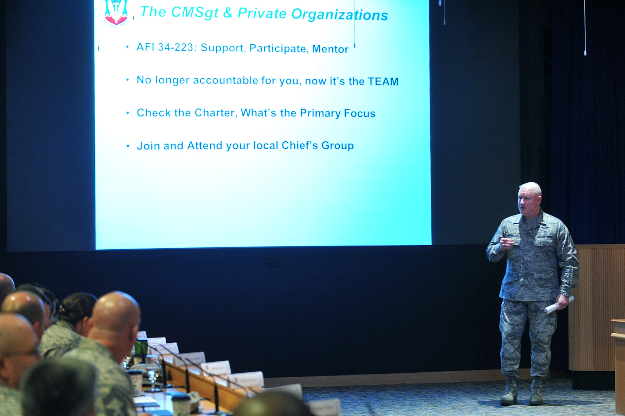 U.S. Air Force Chief Master Sgt. William Thomaston, Jr., 55th Wing command chief, speaks to fellow chiefs and chief selects during the Air Combat Command Chief’s Orientation held at the Dougherty conference center on Offutt Air Force Base, Neb., Jan. 29. The four day orientation is created to aid ACC’s new chief master sergeants with essential tools to make the transition to the highest enlisted rank in the Air Force. (U.S. Air Force photo by Charles Haymond/Released)