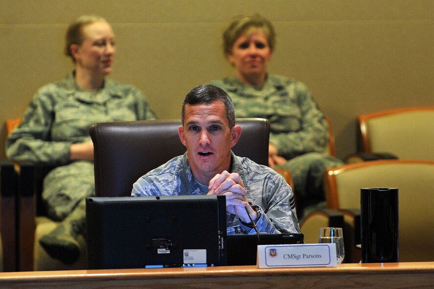 U.S. Air Force Chief Master Sgt. Richard Parsons, command chief master sergeant of Air Combat Command, delivers a welcome speech during the opener for the ACC Chief’s Orientation held at the Dougherty conference center on Offutt Air Force Base, Neb., Jan. 28.  Parsons is the enlisted advisor to the commander and staff for the enlisted force stationed at 27 wings, 17 bases and at more than 200 operating locations around the world. (U.S. Air Force photo by Charles Haymond/Released)