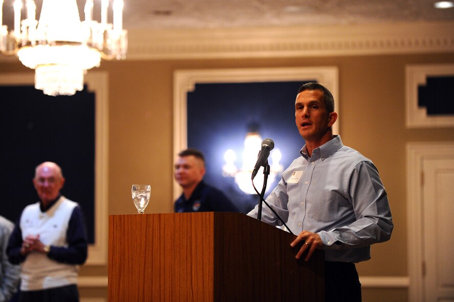 U.S. Air Force Chief Master Sgt. Rick Parsons, command chief master sergeant of Air Combat Command, provides opening remarks at the ACC Chief Master Sergeant Orientation mixer hosted by the 55th Wing’s Patriot Club at Offutt Air Force Base, Neb., Jan. 27.  Chief selects from across ACC came to Offutt to take part in a week long orientation.  (U.S. Air Force photo by Josh Plueger/Released)