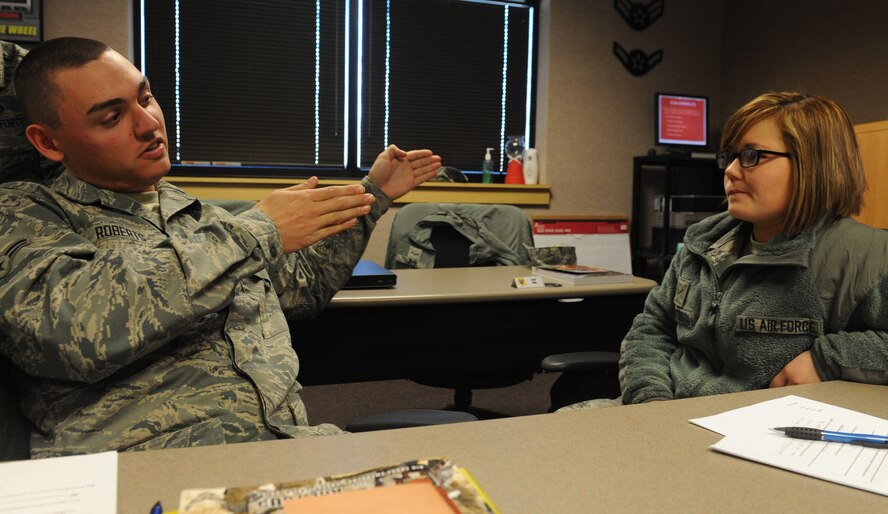 WHITEMAN AIR FORCE BASE, Mo. -- Airman 1st Class Matthew Roberts, 509th Maintenance Squadron egress systems apprentice, discusses his way of dealing with problems with Airman 1st Class Tanya Pettis, 509th Aircraft Maintenance Squadron aircraft armament systems technician, during the new comprehensive resilience training, Feb. 13. The MRT course was adapted from the University of Pennsylvania’s Positive Psychology program, and is intended to create a positive work environment. (U.S Air Force photo/Airman 1st Class Bryan Crane) (Released)