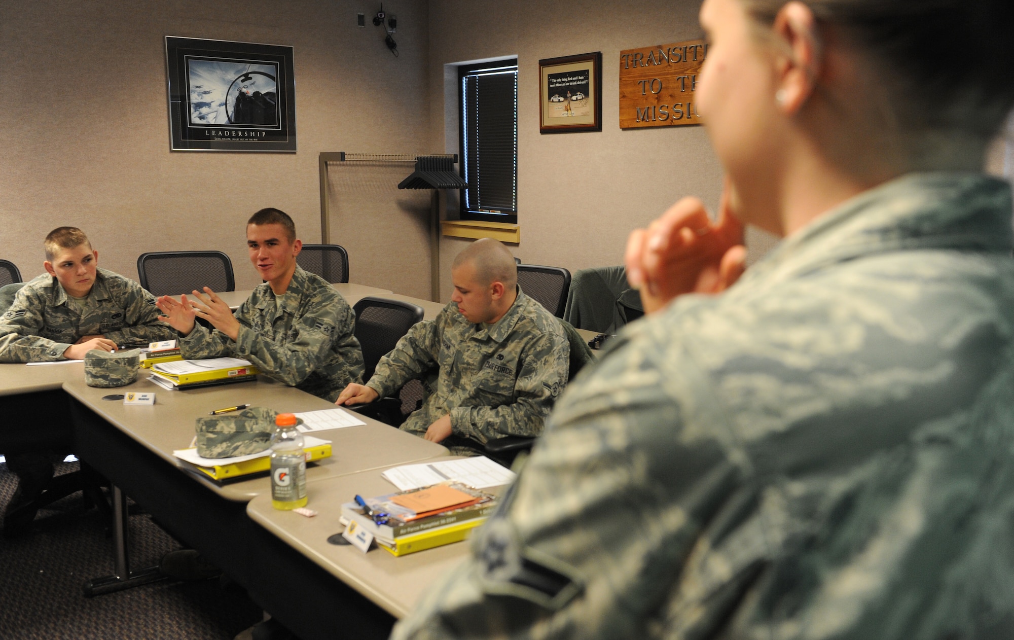 WHITEMAN AIR FORCE BASE, Mo. -- Airman 1st Class Matthew Murphy of the 509th Comptroller Squadron, discusses a topic with the rest of the First Term Airmen’s Course, Feb. 13. The Airmen received the new comprehensive resilience training that focuses on the Air Force Comprehensive Airmen Fitness model. (U.S Air Force photo/Airman 1st Class Bryan Crane) (Released)