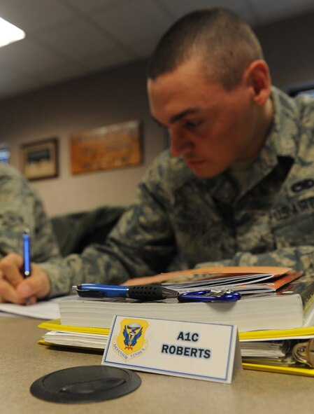 WHITEMAN AIR FORCE BASE, Mo. -- Airman 1st Class Matthew Roberts, 509th Maintenance Squadron egress systems apprentice, fills out a worksheet during a resiliency exercise, Feb. 13. The members of the FTAC class were given an 8-hour long comprehensive resilience training to help improve overall well-being. (U.S Air Force photo/Airman 1st Class Bryan Crane) (Released)