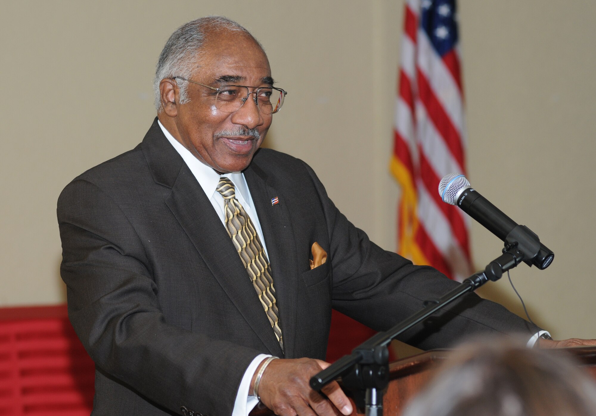 Retired Col. Richard Toliver speaks to the audience at the National Prayer Luncheon Feb. 20, 2013, at the Bay Breeze Event Center, Keesler Air Force Base, Miss. The event also included a ceremony by the Keesler Honor Guard to honor prisoners of war and those missing in action.  The annual event, a tradition that stems back to President Dwight D. Eisenhower in 1953, allows individuals of different faiths and backgrounds to join together to reflect and develop their spiritual fitness. This year’s theme was “Pray for America.”  (U.S. Air Force photo by Kemberly Groue)