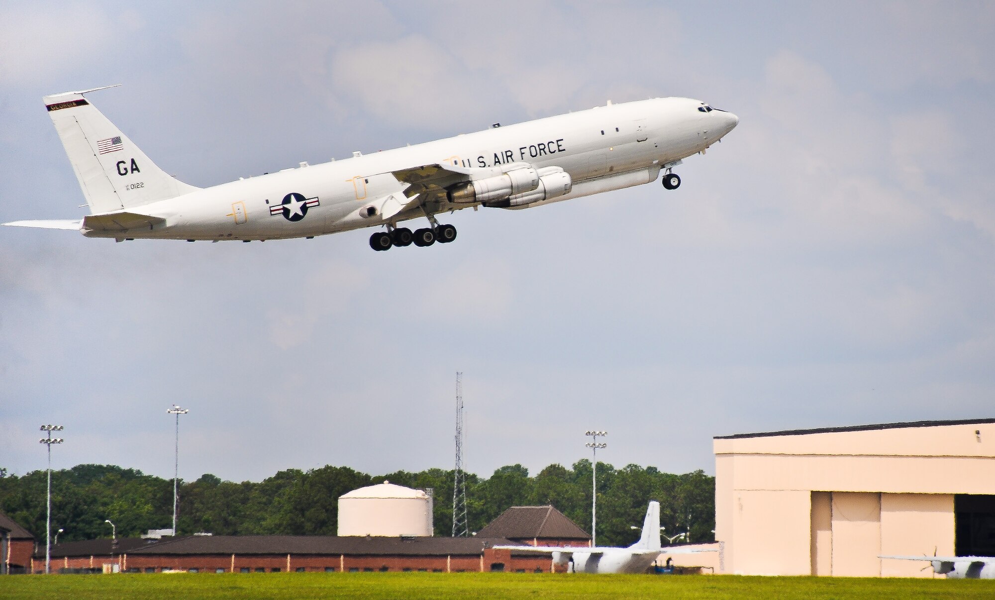 An E-8C Joint STARS takes off for a mission in support of Exercise Iron Dagger at Robins Air Force Base, Ga., June 14, 2012.  Team Joint STARS created the first ever Iron Dagger exercise which involved more than $1 billion worth of joint service assets from four different states and included Air Force, National Guard, Army, Navy and U.S. Customs and Border Protection personnel and equipment. (National Guard photo by Master Sgt. Roger Parsons/Released)  