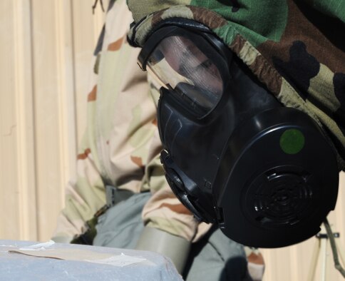 Students examine M8 Chemical Agent Detector Paper for the presence of liquid chemical agents during a Chemical, Biological, Radiological and Nuclear Defense (CBRN) Survival Skills Training course on Joint Base Andrews, Md., Feb. 14, 2013. M8 paper turns green, red or yellow depending on the agent detected. (U.S. Air Force photo/Airman 1st Class Nesha Humes)(Released)