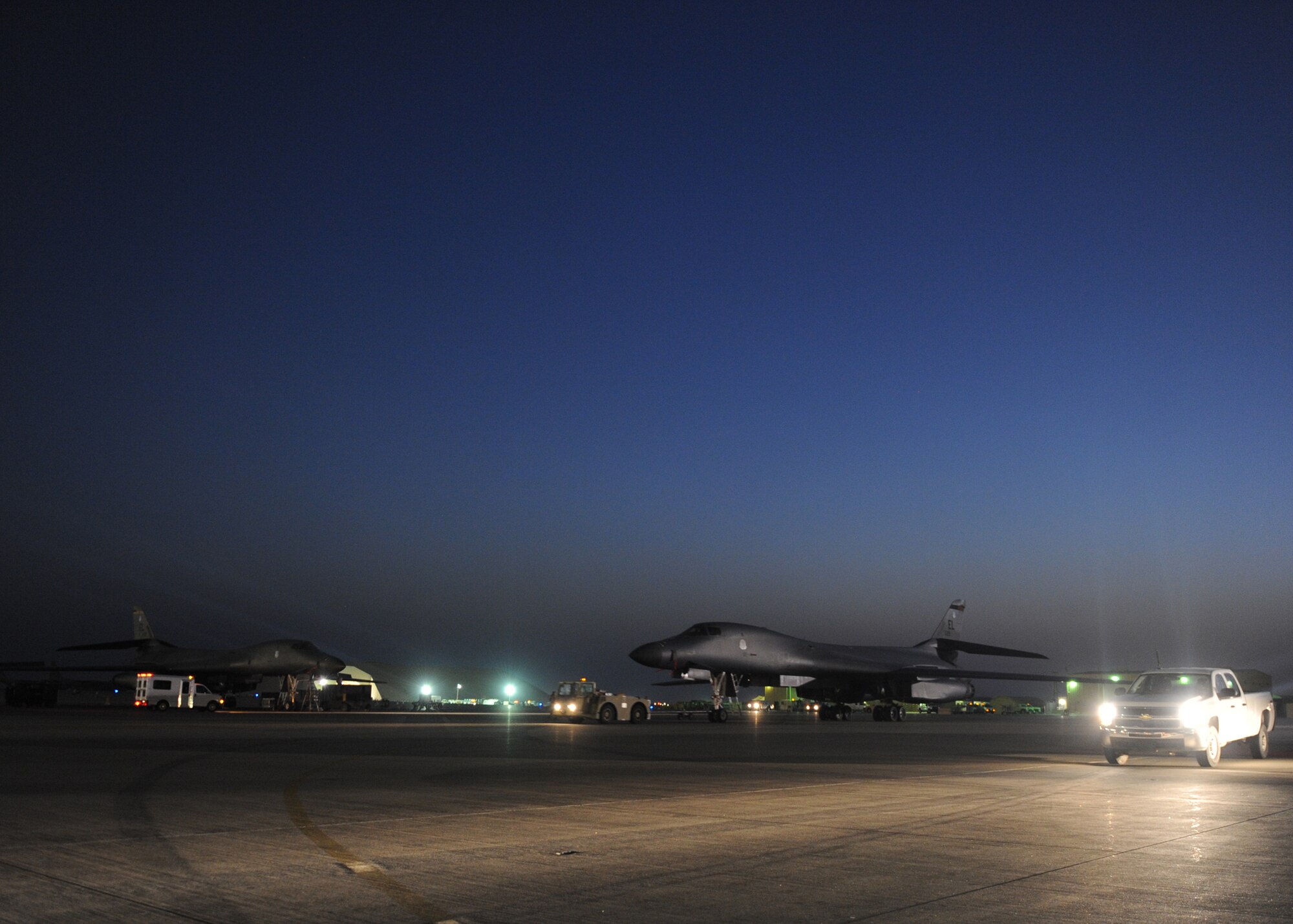 SOUTHWEST ASIA – A 34th Expeditionary Bomb Squadron B-1 is towed along the 379th Air Expeditionary Wing ramp Feb. 21. The 34th EBS is deployed from Ellsworth Air Force Base, S.D. (U.S. Air Force photo/Senior Airman Joel Mease)