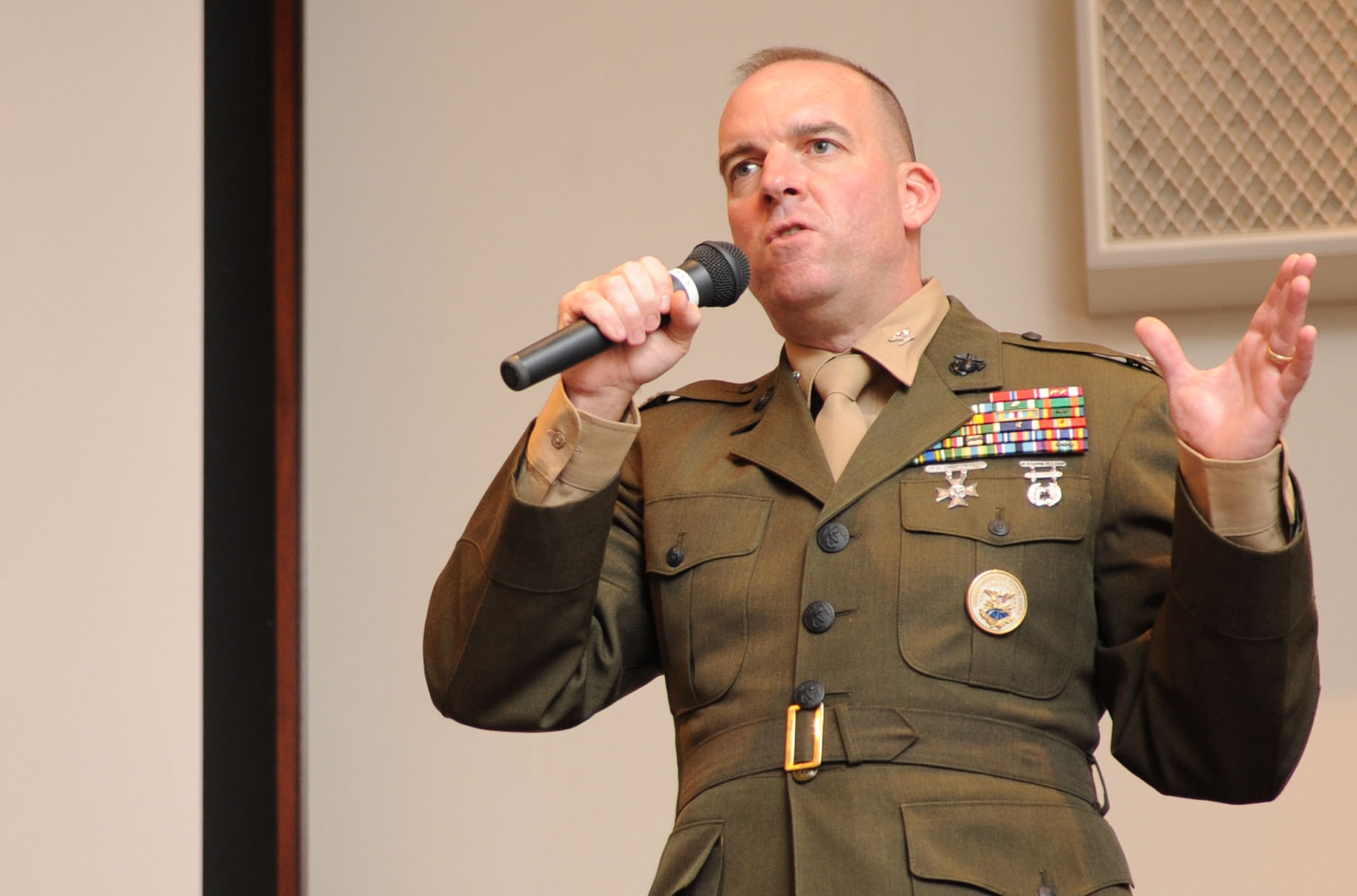 TOKYO, Japan -- Col. Kent Simon, Defense Information Systems Agency-Pacific commander, addresses an audience at the 7th Annual Armed Forces Communications and Electronics Association TechNet Tokyo, Feb. 13, 2013, at the New Sanno Hotel in Tokyo, Japan. Simon acted as the moderator for one of the many panel discussions held during the AFCEA conference. (U.S. Air Force photo by Airman 1st Class Desiree Economides)