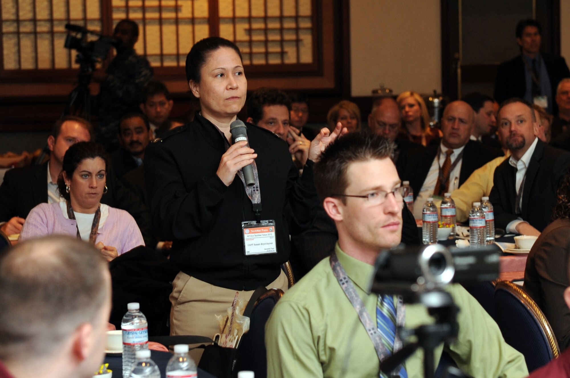 TOKYO, Japan -- Capt. Susan BryerJoyner, U.S. Commander 7th Fleet assistant chief of staff and director of communications and information systems, asks a question during a panel discussion at the 7th Annual Armed Forces Communications and Electronics Association TechNet Tokyo, Feb. 13, 2013, at the New Sanno Hotel in Tokyo, Japan. TechNet brought together members of defense and industry communities to discuss technology and its future impacts on military operations. (U.S. Air Force photo by Airman 1st Class Desiree Economides)