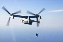 Marines with Marine Medium Tiltrotor Squadron 263 supported Navy SEALs and parachute riggers with Naval Special Warfare Logistics and Support Two, an Air Force combat controller team and Army Special Forces with parachute operations in Emporia Airfield, Va., Feb. 20.
The service members jumped by static line and military free fall from the back of an MV-22B Osprey several times at heights of 1,500 feet to 12,500 feet in the air.
