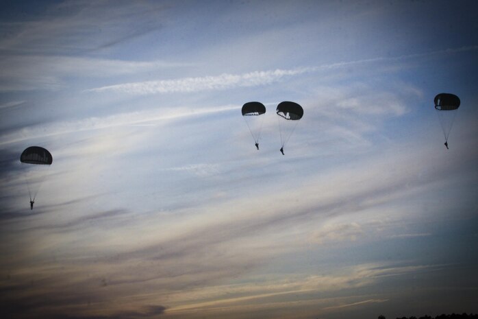 Marines with Marine Medium Tiltrotor Squadron 263 supported Navy SEALs and parachute riggers with Naval Special Warfare Logistics and Support Two, an Air Force combat controller team and Army Special Forces with parachute operations in Emporia Airfield, Va., Feb. 20.
The service members jumped by static line and military free fall from the back of an MV-22B Osprey several times at heights of 1,500 feet to 12,500 feet in the air.
