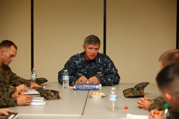 Vice Adm. Gerald R. Beaman, U.S. 3rd Fleet commander, discusses leadership principles with junior officers at the senior leader mentorship seminar here, Feb. 21, 2013. The officers attending this event sought to improve their leadership skills, and gain information and advice on dealing with their individual commands. Junior officers were able to ask questions to senior officer during round table discussions, and they shared insights among each other. More than 100 officers from the rank of second lieutenant to lieutenant general attended the seminar to improve their leadership skills. (U.S. Marine Corps photo by Lance Cpl. James Gulliver)


