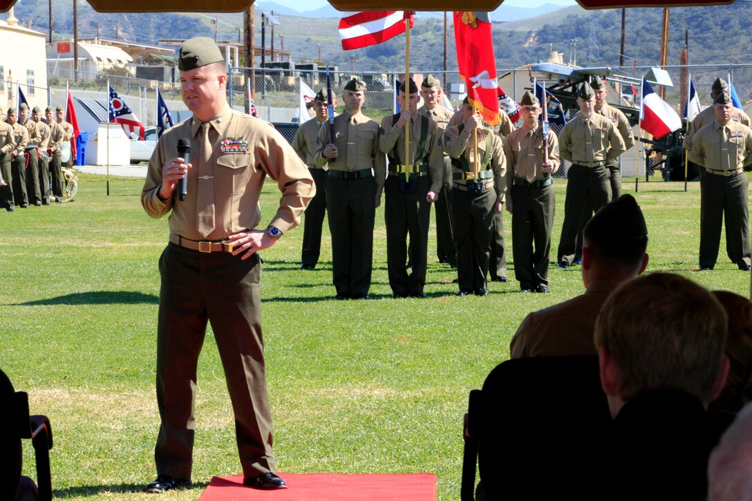 Marine Unmanned Vehicle Squadron 4 had its first change of command ceremony since its re-activation in 2011 at Camp Talega here, Feb. 22.
Lt. Col. Kyle J. Moore, who has commanded the unit since Feb. 2011, relinquished his command to Lt. Col. Matthew C. Shortal, who has accumulated more than 3,000 flight hours, been a pilot for the Navy's Blue Angels and selected for Marine Corps Aviator of the Year.
