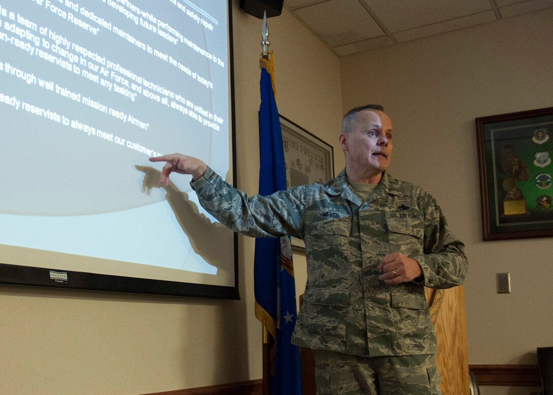 Chief Master Sgt. Tim Meyer, 446th Aircraft Maintenance Squadron superintendent here, leads a think tank of 446th AMXS enlisted leaders in order to create the squadron’s mission and vision statements, Jan. 29, 2013. “To be competitive, you must continually seek ways to improve,” he said. “I felt, for our organization to continue moving forward as a first-class maintenance unit, we needed to define a clear statement of what we do well, and where we want to be in the future.”(U.S. Air Force photo/Master Sgt. Jake Chappelle)